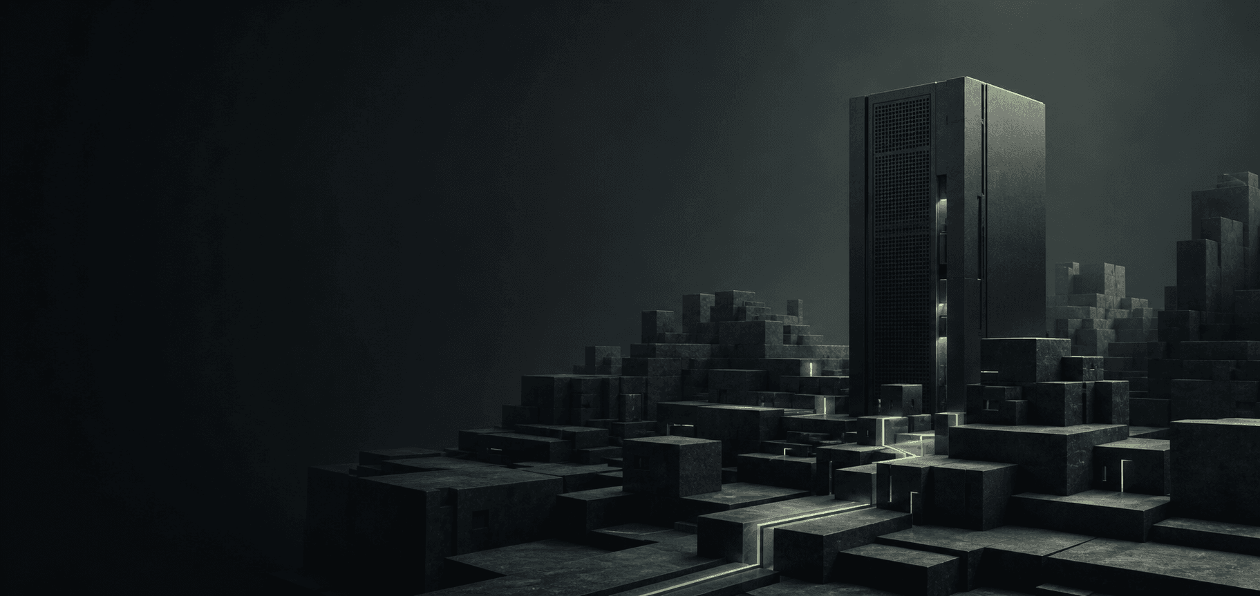 Abstract voxel server landscape with a blue connection path