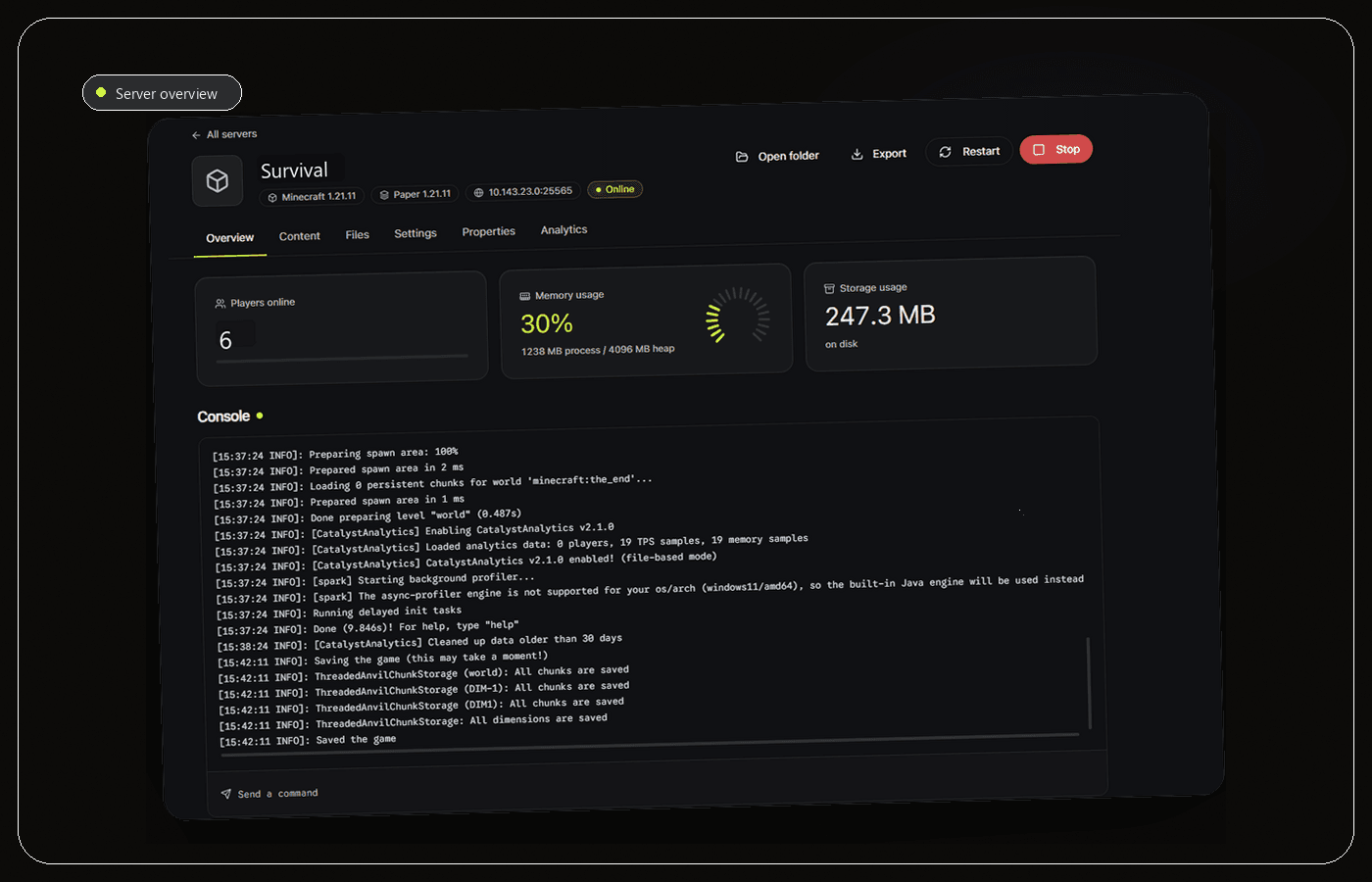 Catalyst server overview with live console and resource information