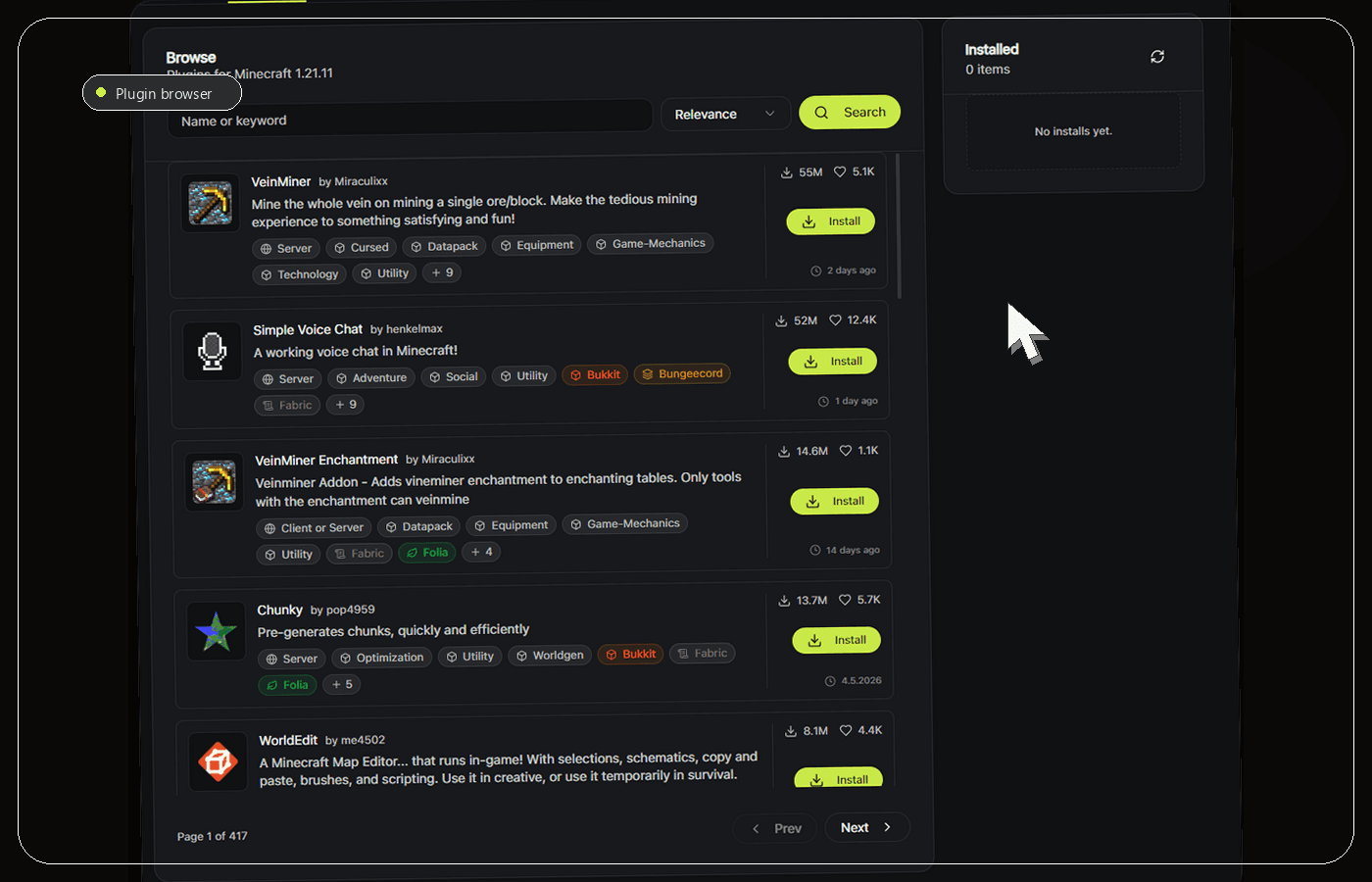 Minecraft server plugin management view in Catalyst